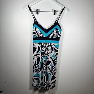 La Belle Turquoise Black White Abstract Midi Dress Stretch Spaghetti Strap